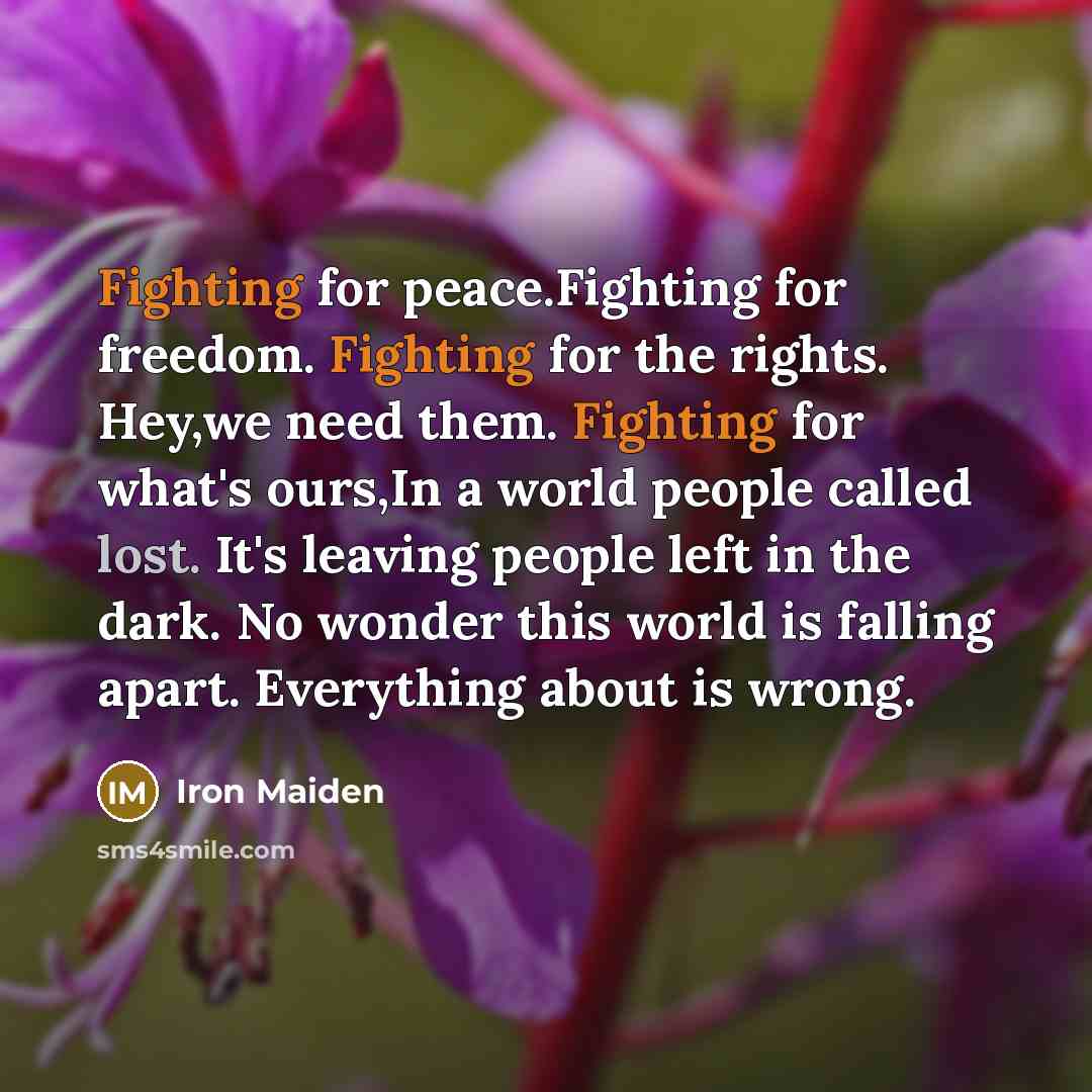 “Fighting for peace.Fighting for freedom. Fighting for the rights. Hey,we…” quote by Iron Maiden