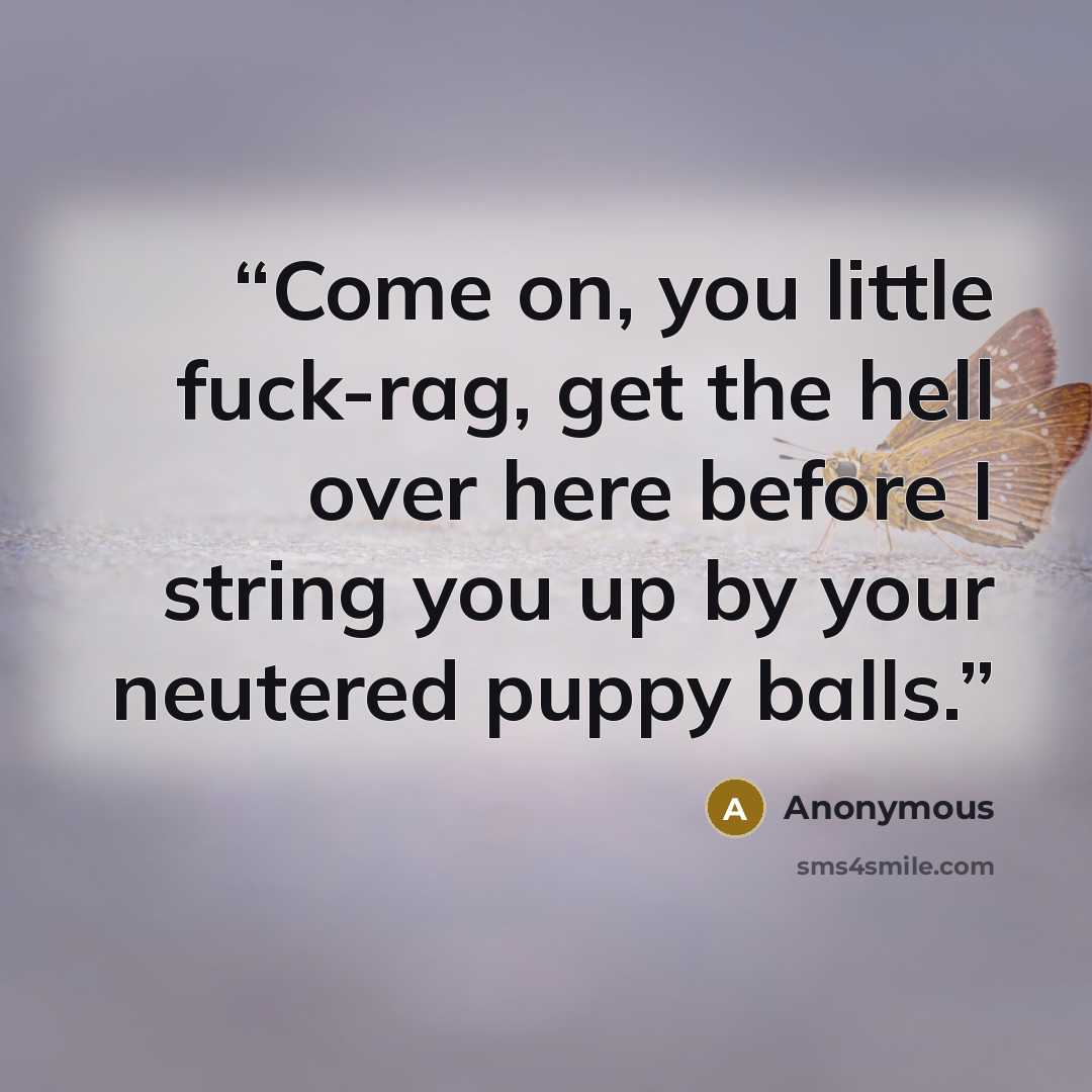 “Come on, you little fuck-rag, get the hell over here before I string you up by your neutered puppy balls.” quote by Anonymous