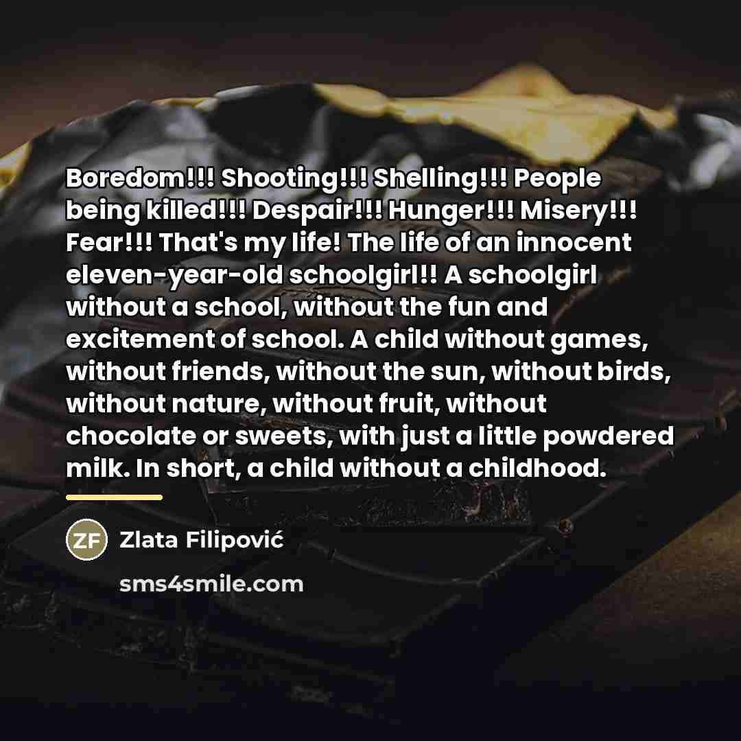 “Boredom!!! Shooting!!! Shelling!!! People being killed!!! Despair!!! Hunger!!! Misery!!! Fear!!!…” quote by Zlata Filipović