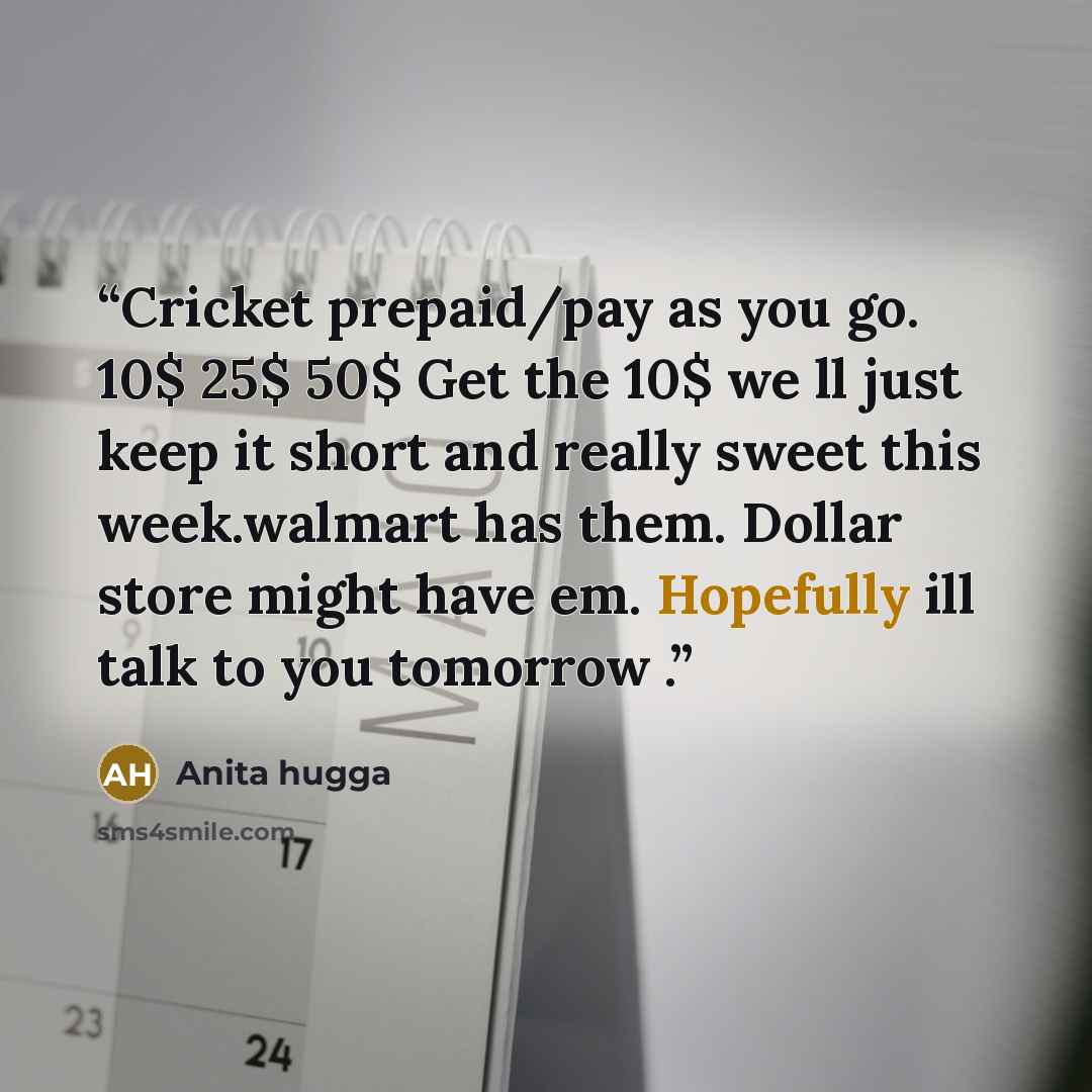 “Cricket prepaid/pay as you go. 10$ 25$ 50$ Get the 10$ we ll just keep it short and really sweet this week.walmart has them. Dollar store might have em. Hopefully ill talk to you tomorrow .” quote by Anita hugga