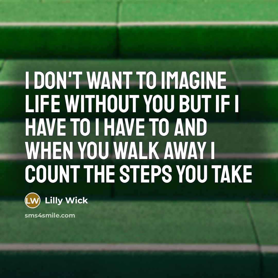 “I don't want to imagine life without you but if I have to I have to and when you walk away I count the steps you take” quote by Lilly Wick