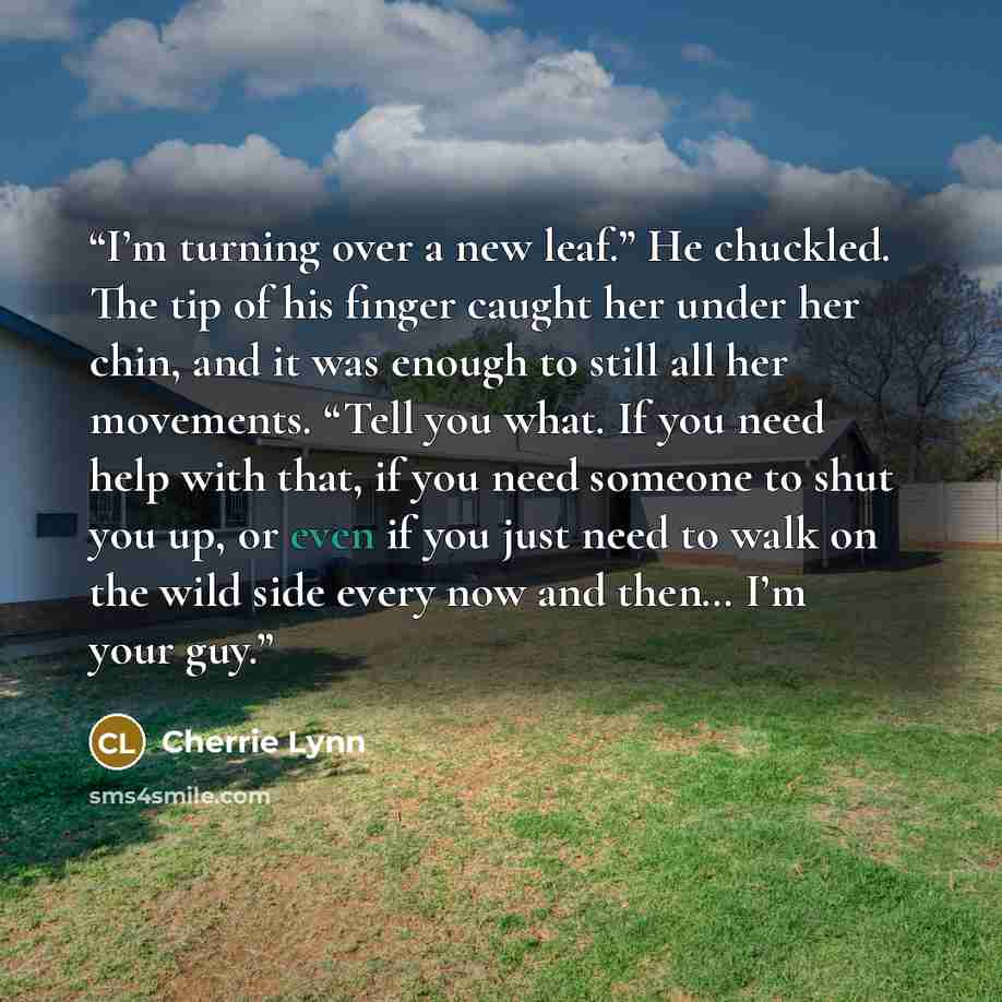 “I’m turning over a new leaf.” He chuckled. The tip of his finger caught her under her chin, and it was enough to still all her movements. “Tell you what. If you need help with that, if you need someone to shut you up, or even if you just need to walk on the wild side every now and then… I’m your…” quote by Cherrie Lynn