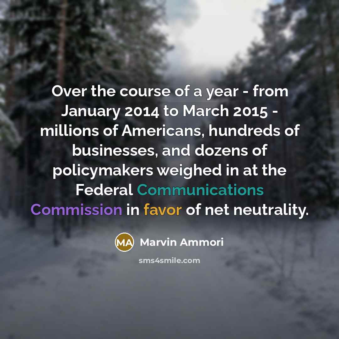 “Over the course of a year - from January 2014 to March 2015 - millions of Americans, hundreds of businesses, and dozens of policymakers weighed in at the Federal Communications Commission in favor of net neutrality.” quote by Marvin Ammori
