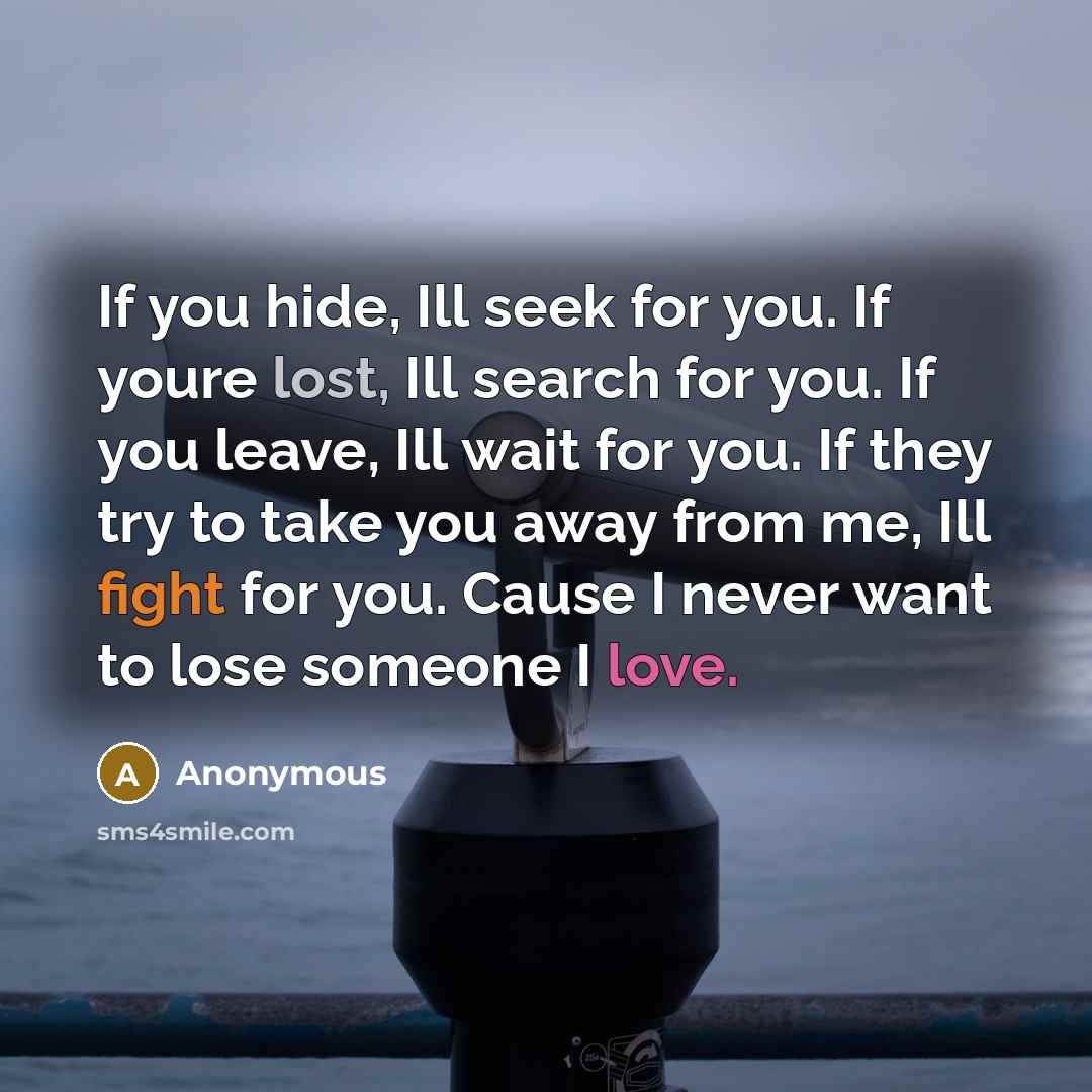 “If you hide, Ill seek for you. If youre lost, Ill search for you. If you leave, Ill wait for you. If they try to take you away from me, Ill fight for you. Cause I never want to lose someone I love.” quote by Anonymous