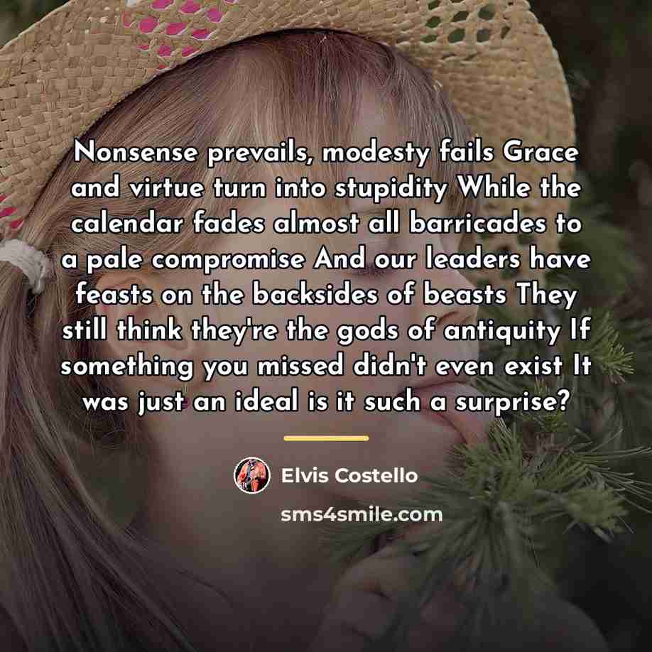 “Nonsense prevails, modesty fails Grace and virtue turn into stupidity…” quote by Elvis Costello