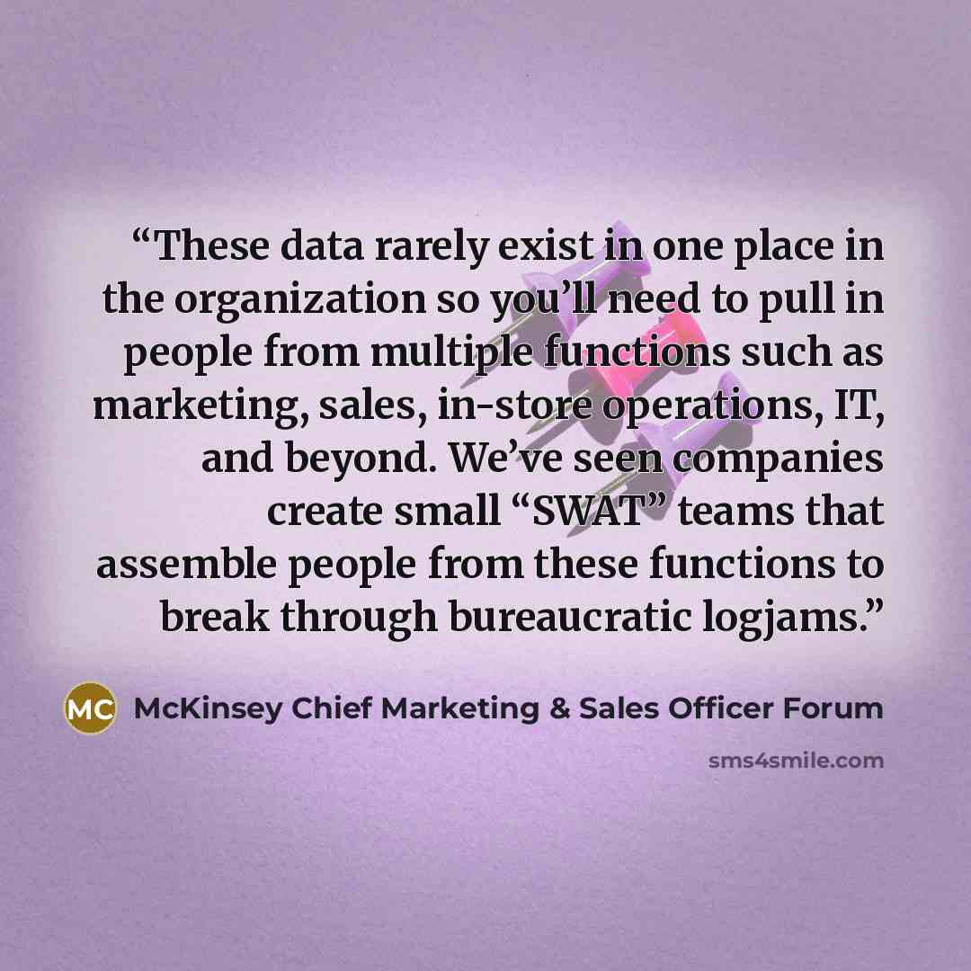 “These data rarely exist in one place in the organization so you’ll need to pull in people from multiple functions such as marketing, sales, in-store operations, IT, and beyond. We’ve seen companies create small “SWAT” teams that assemble people from these functions to break through bureaucratic…” quote by McKinsey Chief Marketing & Sales Officer Forum