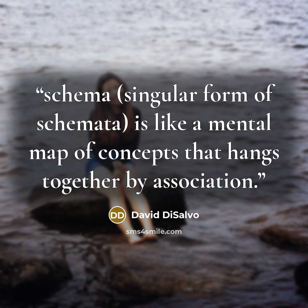 “schema (singular form of schemata) is like a mental map of concepts that hangs together by association.” quote by David DiSalvo