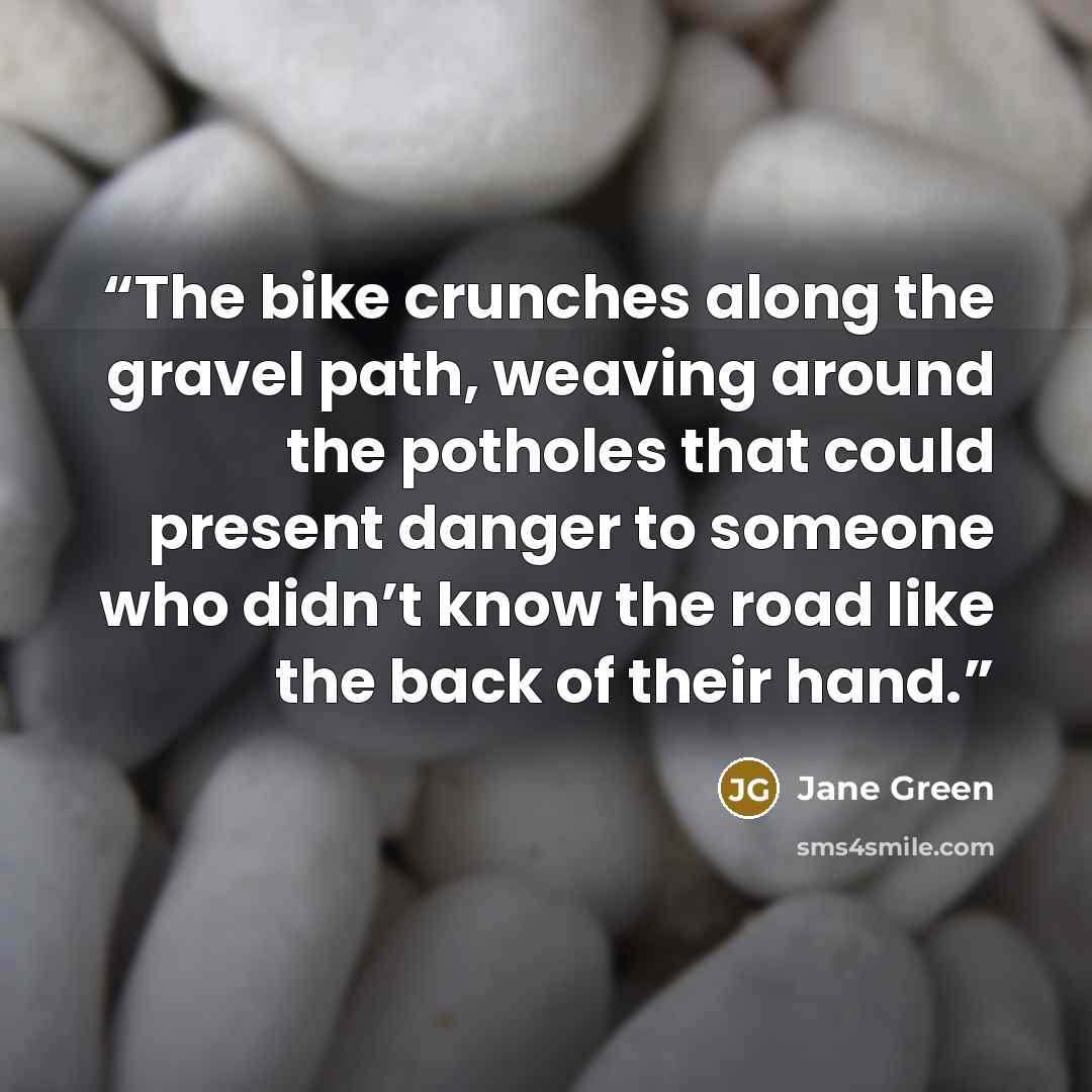 “The bike crunches along the gravel path, weaving around the potholes that could present danger to someone who didn’t know the road like the back of their hand.” quote by Jane Green
