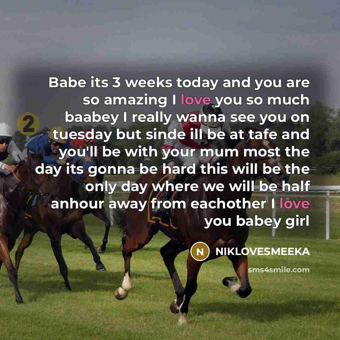“Babe its 3 weeks today and you are so amazing I love you so much baabey I really wanna see you on tuesday but sinde ill be at tafe and you'll be with your mum most the day its gonna be hard this will be the only day where we will be half anhour away from eachother I love you babey girl” quote by NIKLOVESMEEKA