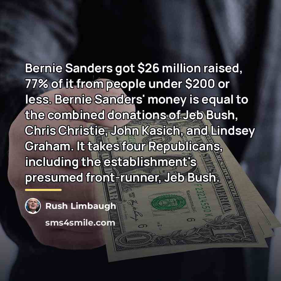 “Bernie Sanders got $26 million raised, 77% of it from…” quote by Rush Limbaugh