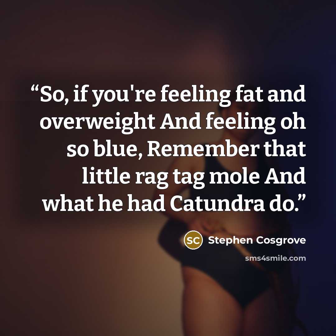 “So, if you're feeling fat and overweight And feeling oh so blue, Remember that little rag tag mole And what he had Catundra do.” quote by Stephen Cosgrove