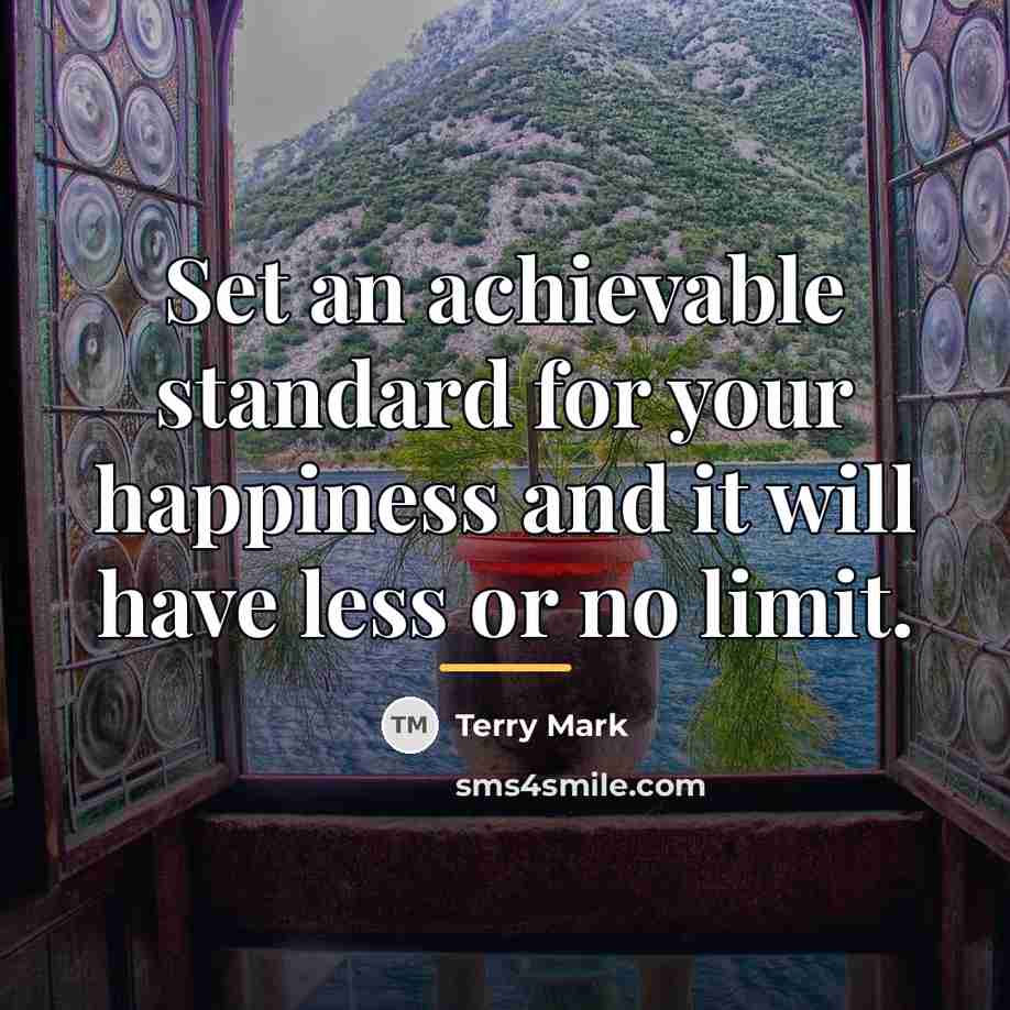 “Set an achievable standard for your happiness and it will…” quote by Terry Mark