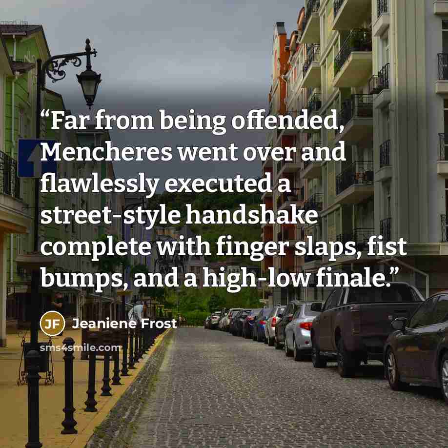“Far from being offended, Mencheres went over and flawlessly executed a street-style handshake complete with finger slaps, fist bumps, and a high-low finale.” quote by Jeaniene Frost