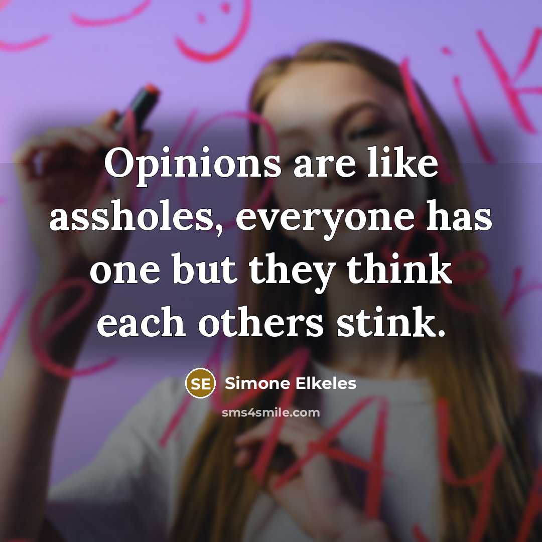 “Opinions are like assholes, everyone has one but they think each others stink.” quote by Simone Elkeles