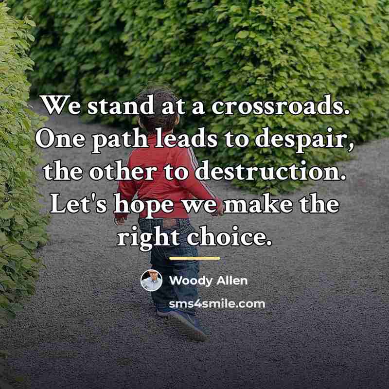 “We stand at a crossroads. One path leads to despair,…” quote by Woody Allen