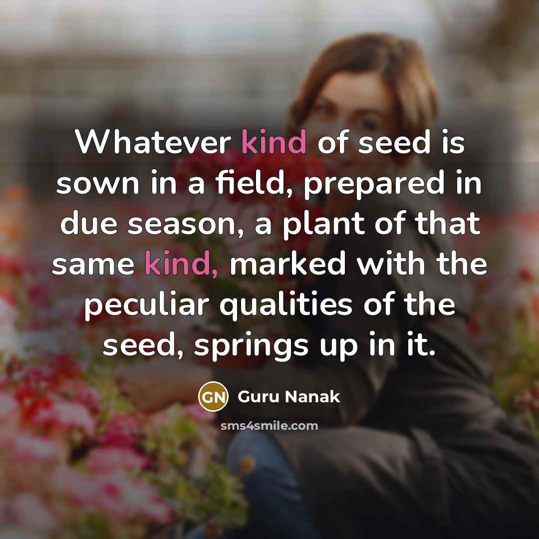 “Whatever kind of seed is sown in a field, prepared in due season, a plant of that same kind, marked with the peculiar qualities of the seed, springs up in it.” quote by Guru Nanak