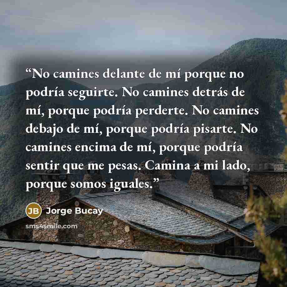 “No camines delante de mí porque no podría seguirte. No camines detrás de mí, porque podría perderte. No camines debajo de mí, porque podría pisarte. No camines encima de mí, porque podría sentir que me pesas. Camina a mi lado, porque somos iguales.” quote by Jorge Bucay