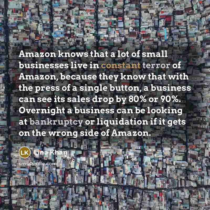 “Amazon knows that a lot of small businesses live in constant terror of Amazon, because they know that with the press of a single button, a business can see its sales drop by 80% or 90%. Overnight a business can be looking at bankruptcy or liquidation if it gets on the wrong side of Amazon.” quote by Lina Khan