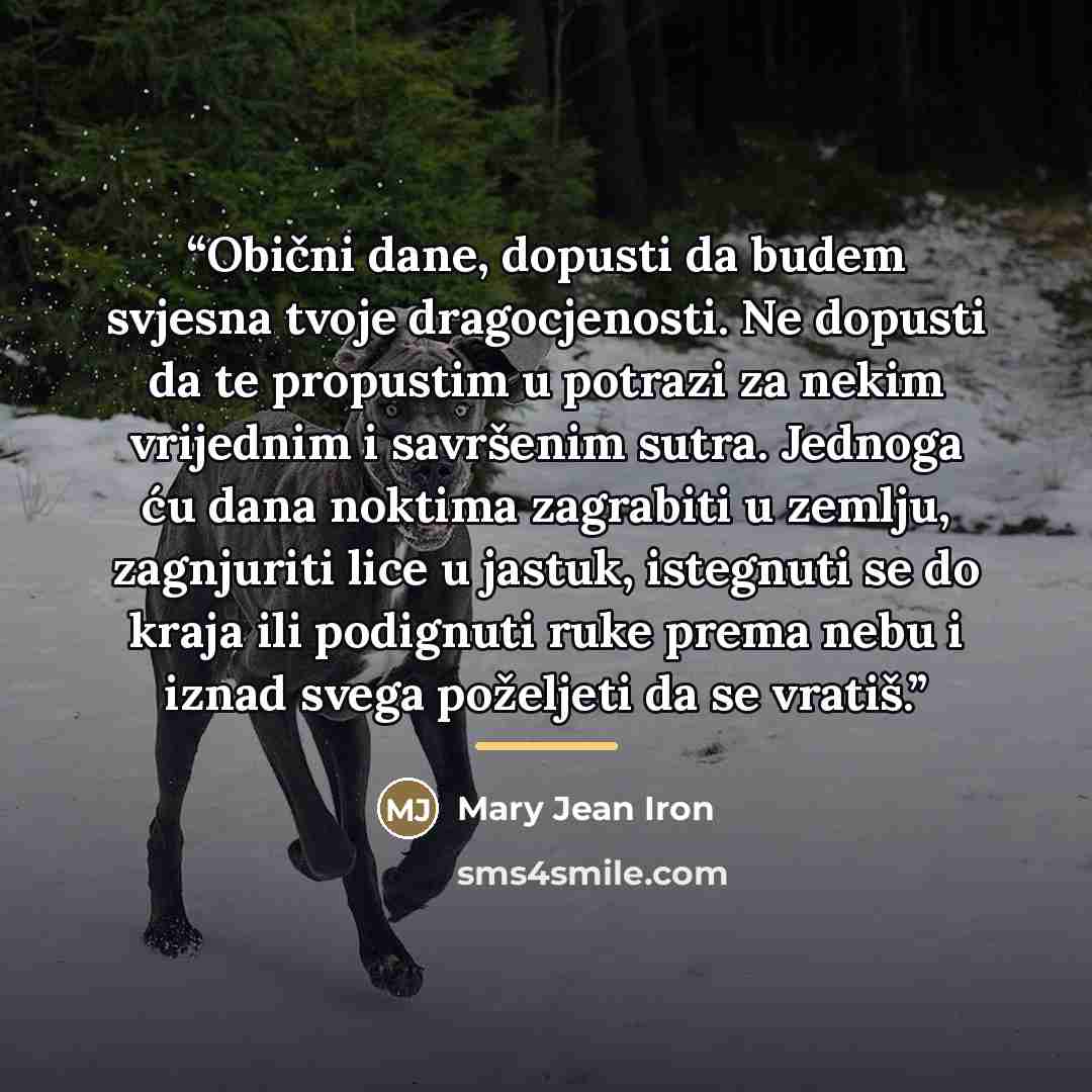 “Obični dane, dopusti da budem svjesna tvoje dragocjenosti. Ne dopusti da te propustim u potrazi za nekim vrijednim i savršenim sutra. Jednoga ću dana noktima zagrabiti u zemlju, zagnjuriti lice u jastuk, istegnuti se do kraja ili podignuti ruke prema nebu i iznad svega poželjeti da se vratiš.” quote by Mary Jean Iron