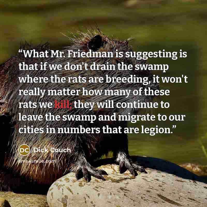 “What Mr. Friedman is suggesting is that if we don't drain the swamp where the rats are breeding, it won't really matter how many of these rats we kill; they will continue to leave the swamp and migrate to our cities in numbers that are legion.” quote by Dick Couch