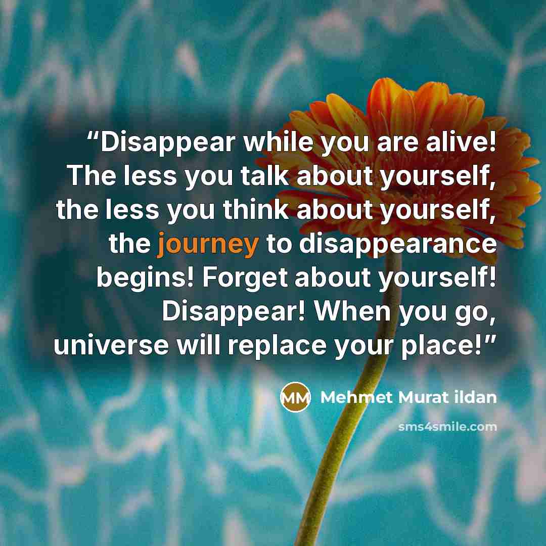 “Disappear while you are alive! The less you talk about yourself, the less you think about yourself, the journey to disappearance begins! Forget about yourself! Disappear! When you go, universe will replace your place!” quote by Mehmet Murat ildan