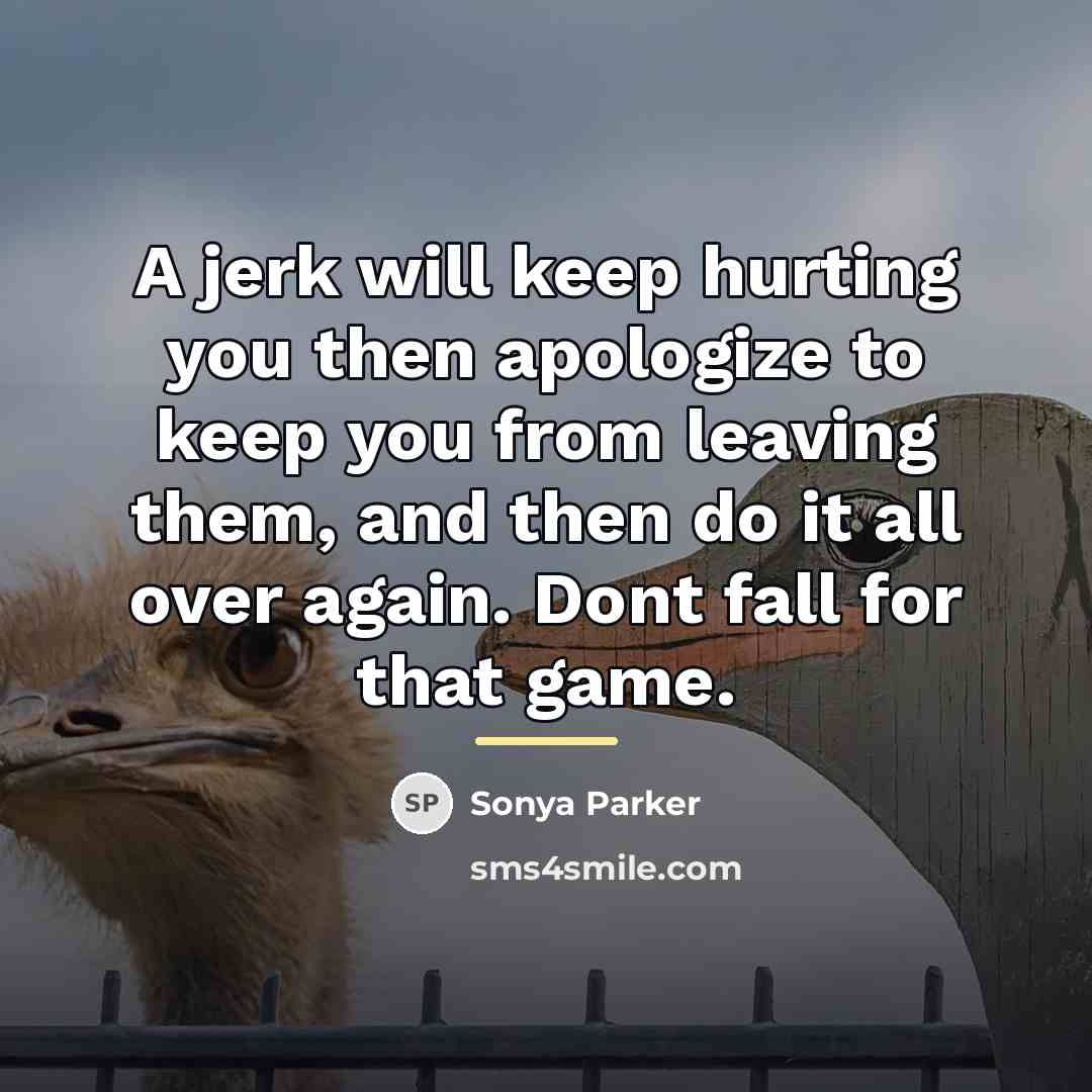 “A jerk will keep hurting you then apologize to keep…” quote by Sonya Parker