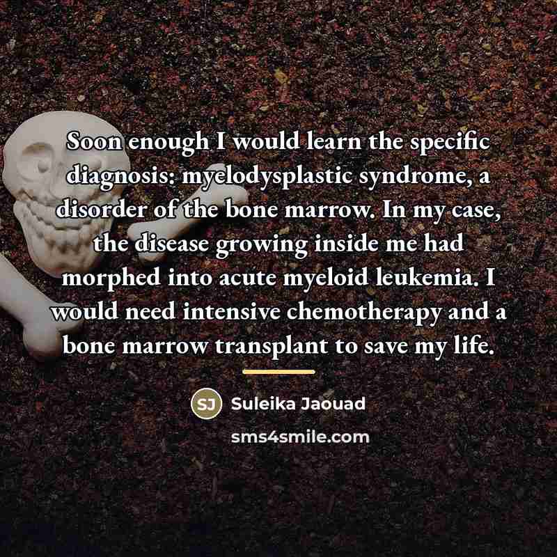 “Soon enough I would learn the specific diagnosis: myelodysplastic syndrome,…” quote by Suleika Jaouad