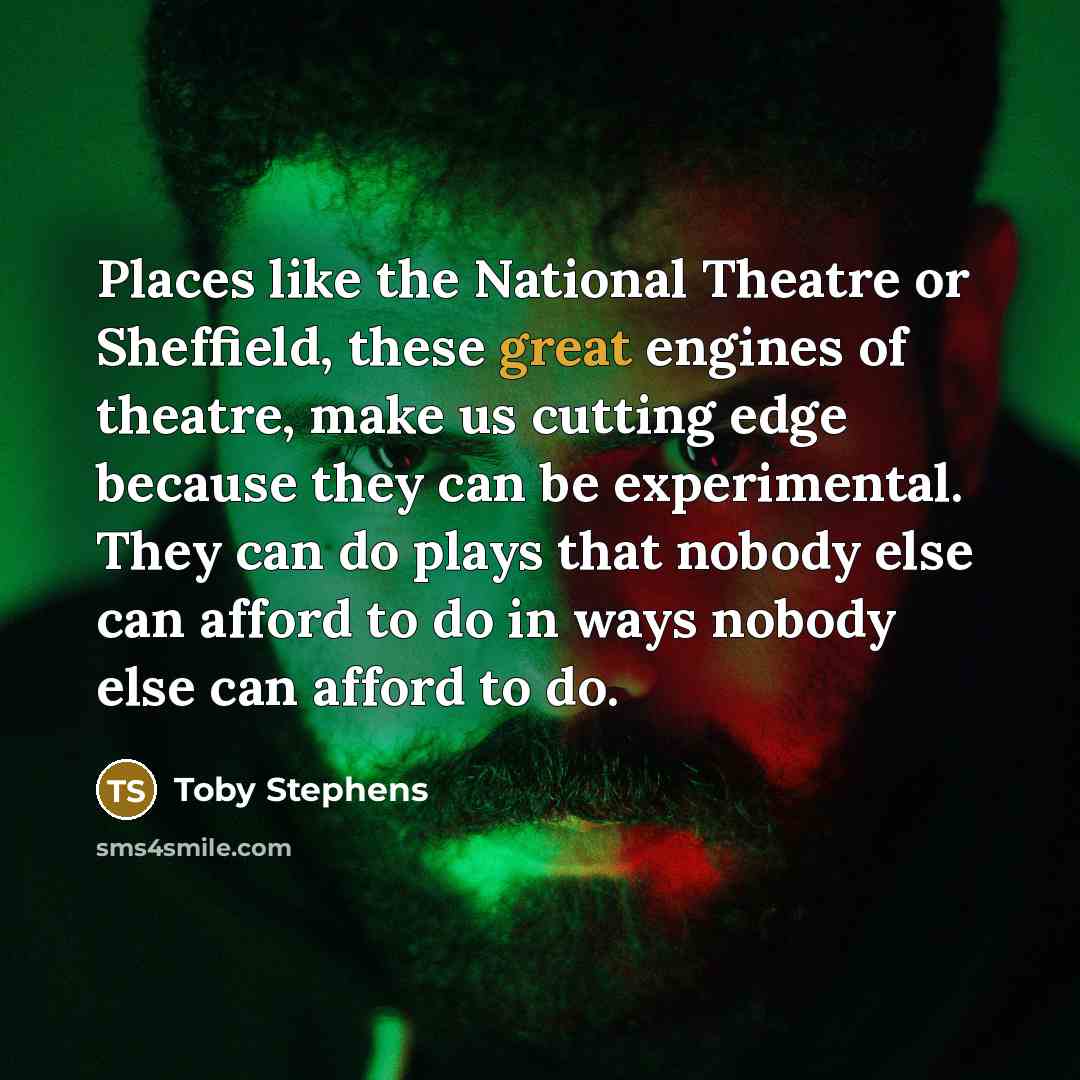 “Places like the National Theatre or Sheffield, these great engines of theatre, make us cutting edge because they can be experimental. They can do plays that nobody else can afford to do in ways nobody else can afford to do.” quote by Toby Stephens