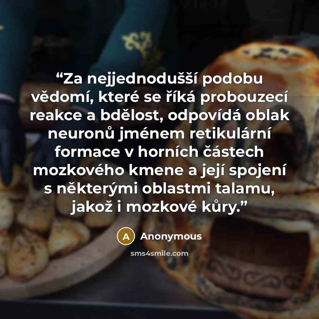 “Za nejjednodušší podobu vědomí, které se říká probouzecí reakce a bdělost, odpovídá oblak neuronů jménem retikulární formace v horních částech mozkového kmene a její spojení s některými oblastmi talamu, jakož i mozkové kůry.” quote by Anonymous