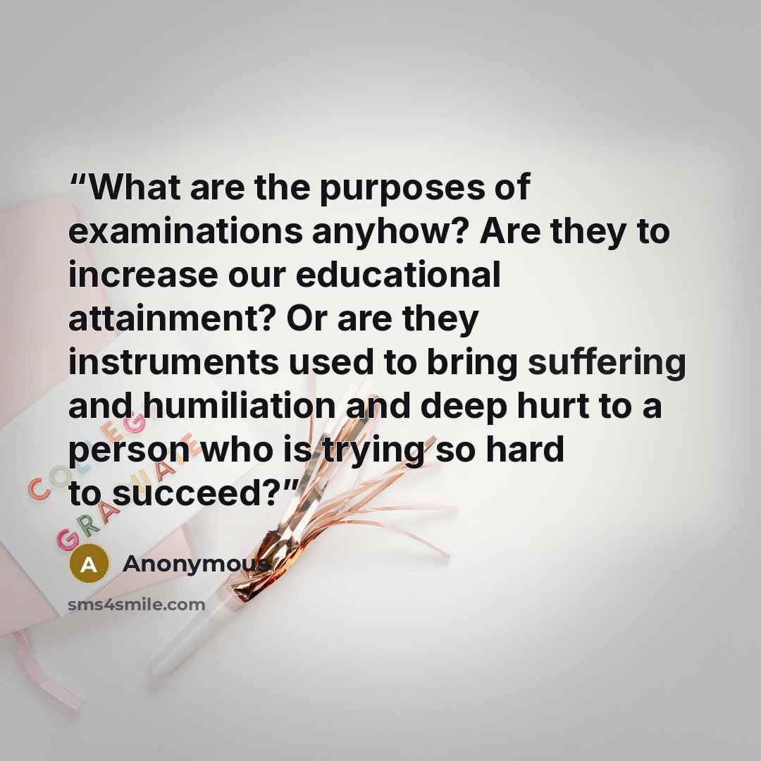 “What are the purposes of examinations anyhow? Are they to increase our educational attainment? Or are they instruments used to bring suffering and humiliation and deep hurt to a person who is trying so hard to succeed?” quote by Anonymous