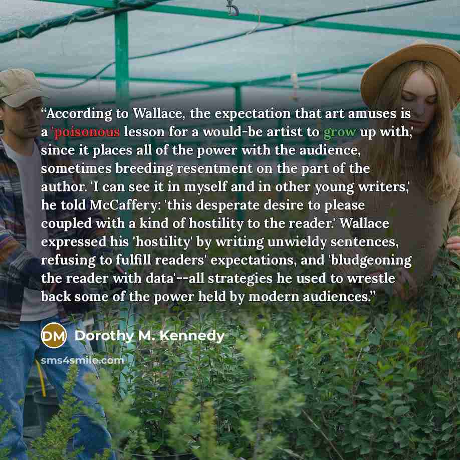 “According to Wallace, the expectation that art amuses is a 'poisonous lesson for a would-be artist to grow up with,' since it places all of the power with the audience, sometimes breeding resentment on the part of the author. 'I can see it in myself and in other young writers,' he told McCaffery…” quote by Dorothy M. Kennedy