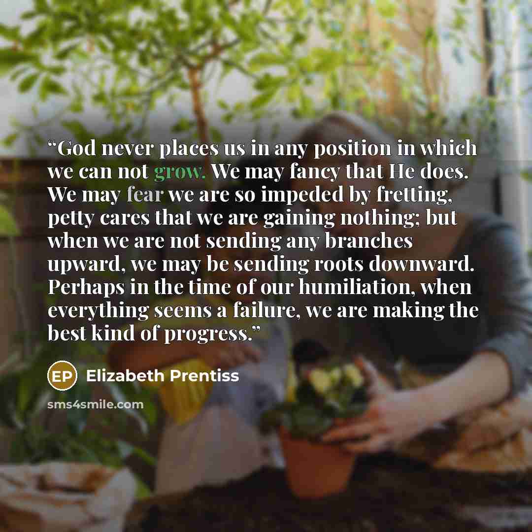 “God never places us in any position in which we can not grow. We may fancy that He does. We may fear we are so impeded by fretting, petty cares that we are gaining nothing; but when we are not sending any branches upward, we may be sending roots downward. Perhaps in the time of our humiliation…” quote by Elizabeth Prentiss