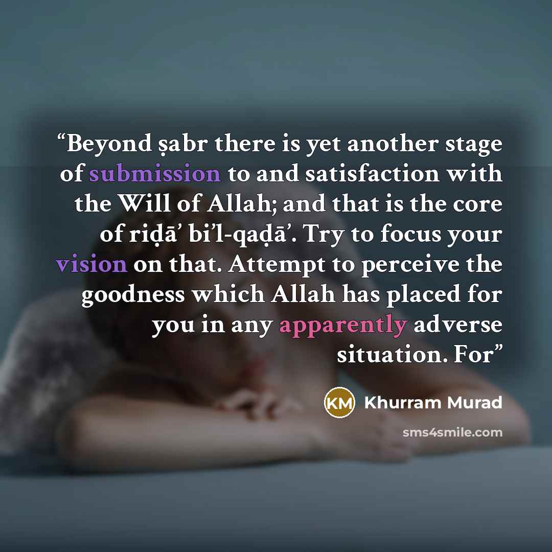 “Beyond ṣabr there is yet another stage of submission to and satisfaction with the Will of Allah; and that is the core of riḍā’ bi’l-qaḍā’. Try to focus your vision on that. Attempt to perceive the goodness which Allah has placed for you in any apparently adverse situation. For” quote by Khurram Murad