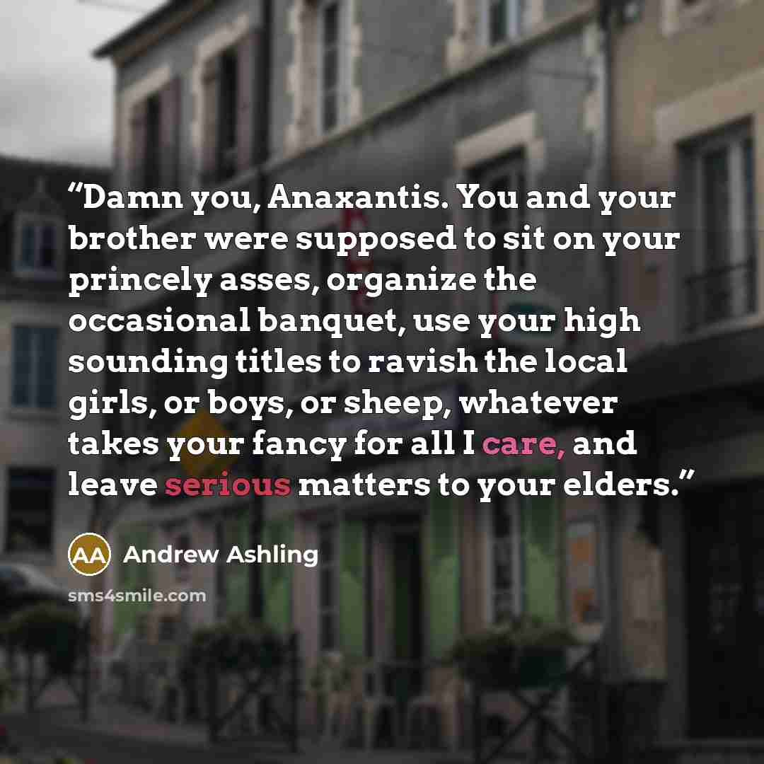 “Damn you, Anaxantis. You and your brother were supposed to sit on your princely asses, organize the occasional banquet, use your high sounding titles to ravish the local girls, or boys, or sheep, whatever takes your fancy for all I care, and leave serious matters to your elders.” quote by Andrew Ashling