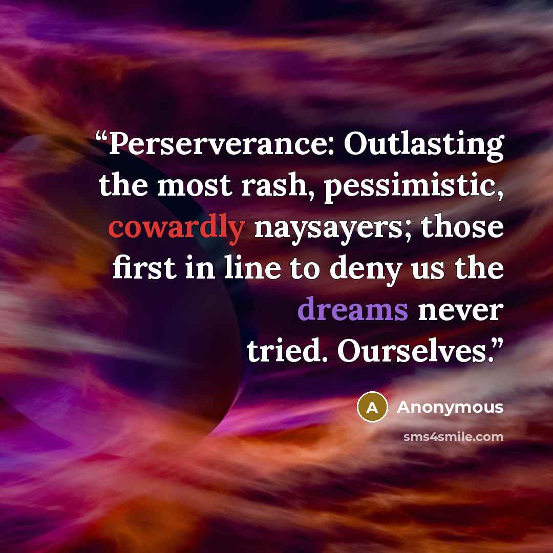 “Perserverance: Outlasting the most rash, pessimistic, cowardly naysayers; those first in line to deny us the dreams never tried. Ourselves.” quote by Anonymous