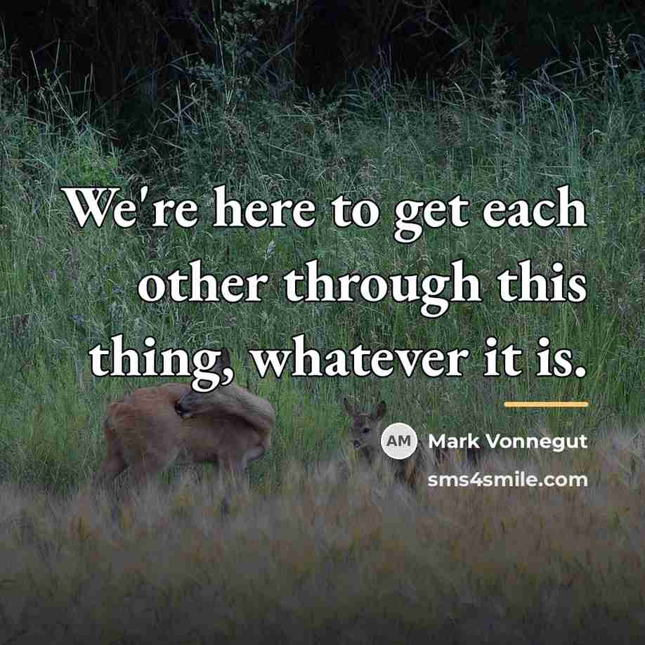 “We're here to get each other through this thing, whatever…” quote by Mark Vonnegut