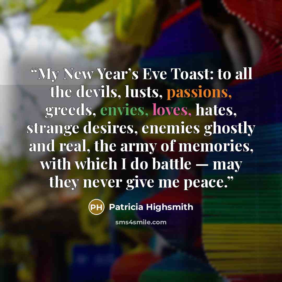 “My New Year’s Eve Toast: to all the devils, lusts, passions, greeds, envies, loves, hates, strange desires, enemies ghostly and real, the army of memories, with which I do battle — may they never give me peace.” quote by Patricia Highsmith