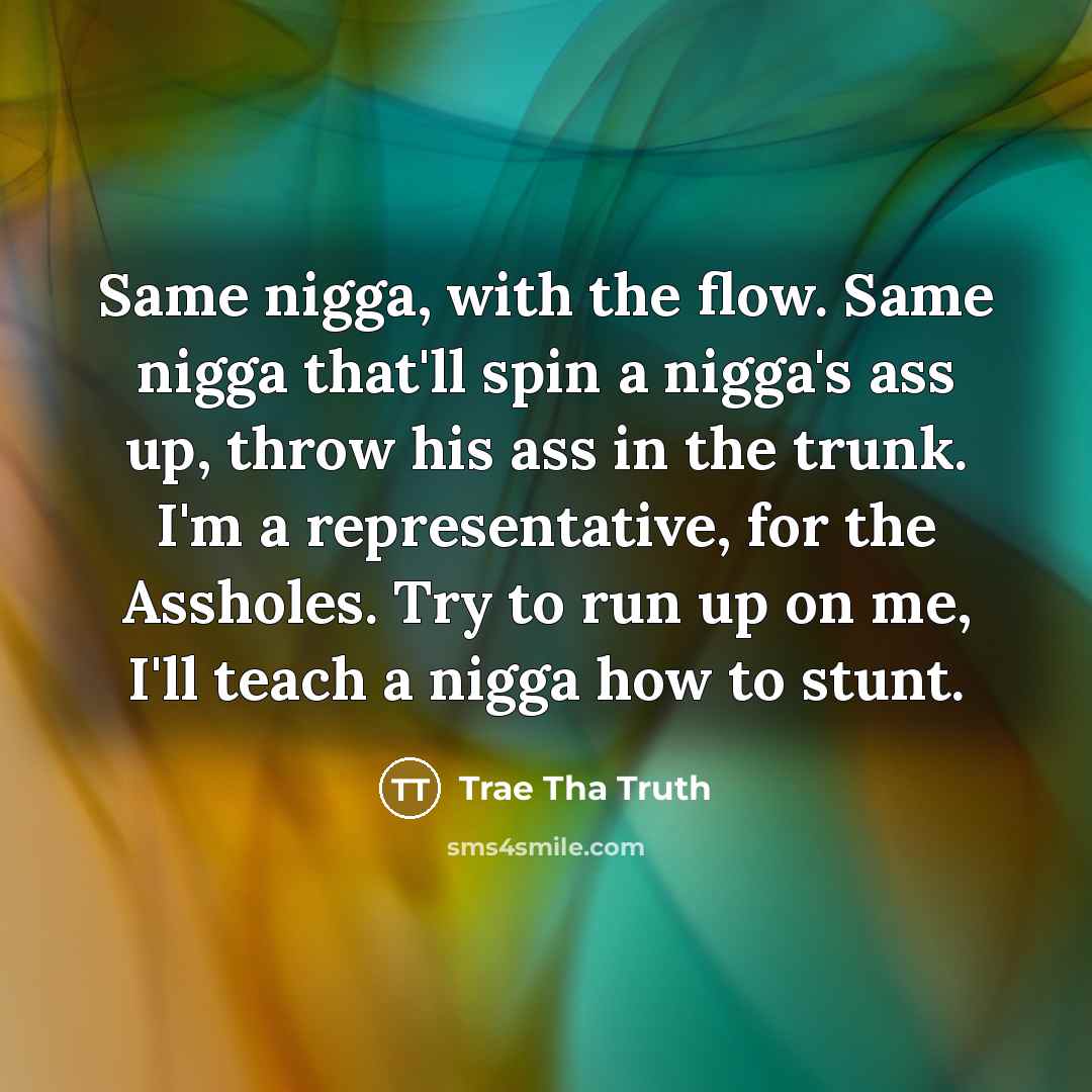 “Same nigga, with the flow. Same nigga that'll spin a nigga's ass up, throw his ass in the trunk. I'm a representative, for the Assholes. Try to run up on me, I'll teach a nigga how to stunt.” quote by Trae Tha Truth