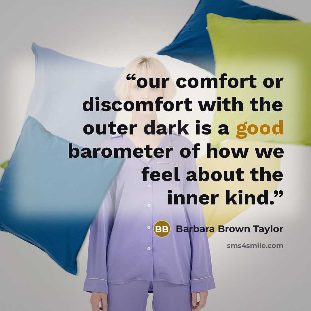 “our comfort or discomfort with the outer dark is a good barometer of how we feel about the inner kind.” quote by Barbara Brown Taylor