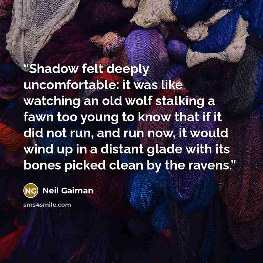 “Shadow felt deeply uncomfortable: it was like watching an old wolf stalking a fawn too young to know that if it did not run, and run now, it would wind up in a distant glade with its bones picked clean by the ravens.” quote by Neil Gaiman