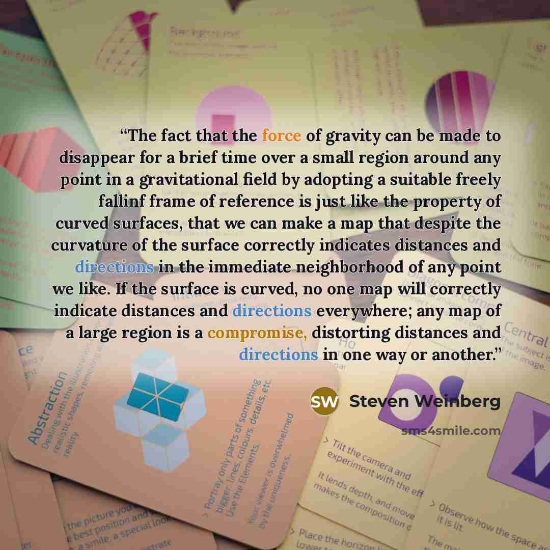 “The fact that the force of gravity can be made to disappear for a brief time over a small region around any point in a gravitational field by adopting a suitable freely fallinf frame of reference is just like the property of curved surfaces, that we can make a map that despite the curvature of the…” quote by Steven Weinberg