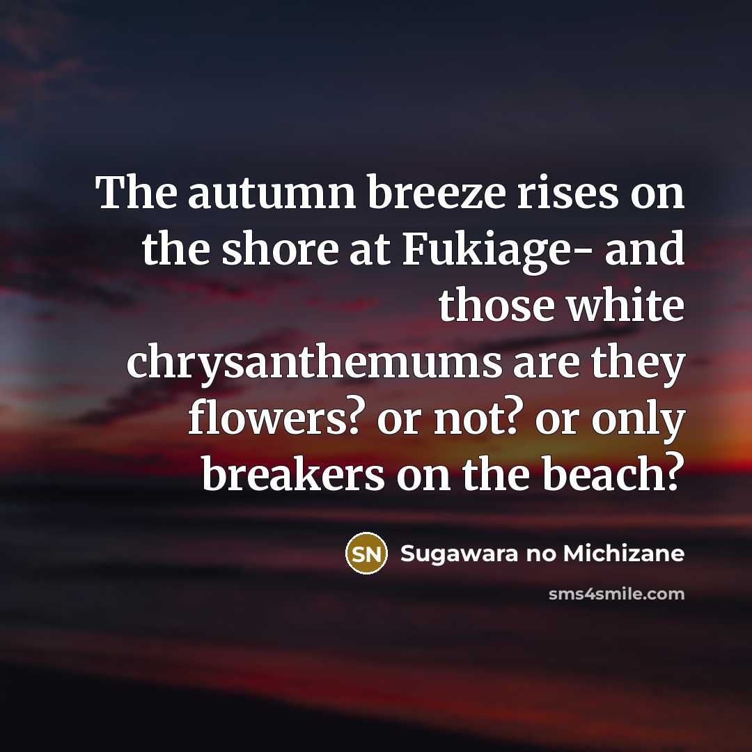 “The autumn breeze rises on the shore at Fukiage- and those white chrysanthemums are they flowers? or not? or only breakers on the beach?” quote by Sugawara no Michizane