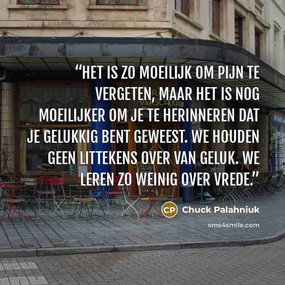 “Het is zo moeilijk om pijn te vergeten, maar het is nog moeilijker om je te herinneren dat je gelukkig bent geweest. We houden geen littekens over van geluk. We leren zo weinig over vrede.” quote by Chuck Palahniuk