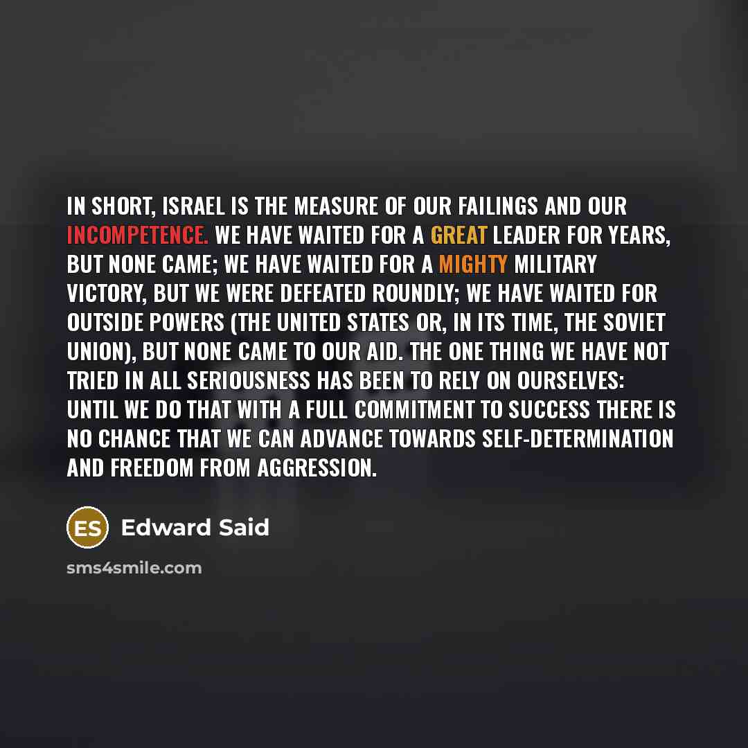 “In short, Israel is the measure of our failings and…” quote by Edward Said
