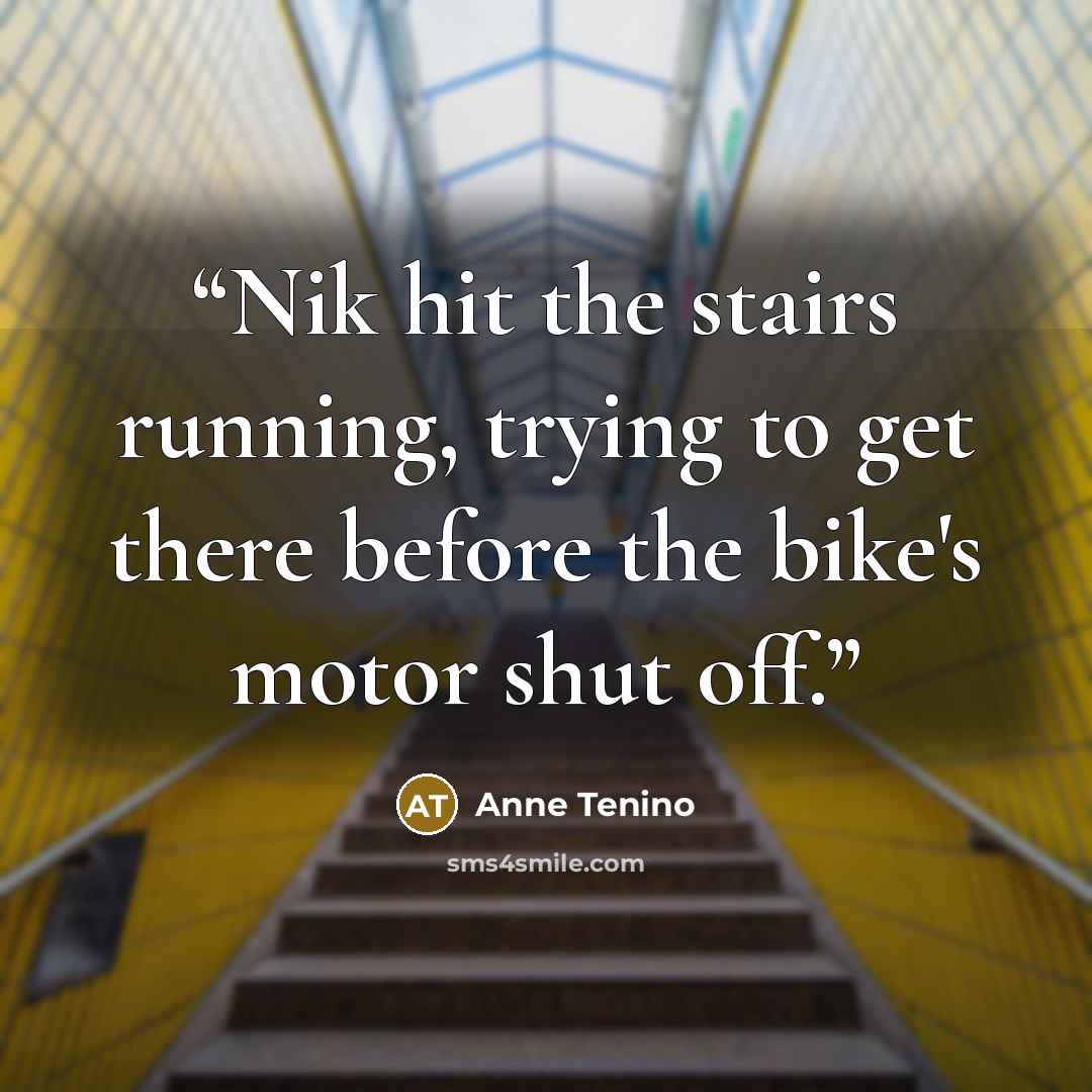 “Nik hit the stairs running, trying to get there before the bike's motor shut off.” quote by Anne Tenino