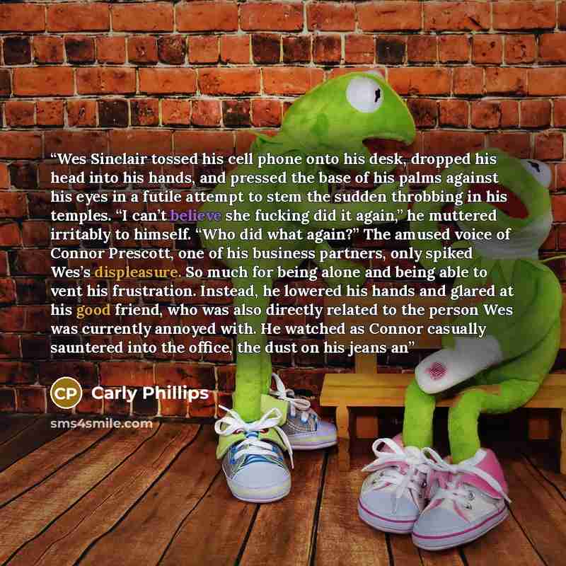 “Wes Sinclair tossed his cell phone onto his desk, dropped his head into his hands, and pressed the base of his palms against his eyes in a futile attempt to stem the sudden throbbing in his temples. “I can’t believe she fucking did it again,” he muttered irritably to himself. “Who did what again?”…” quote by Carly Phillips