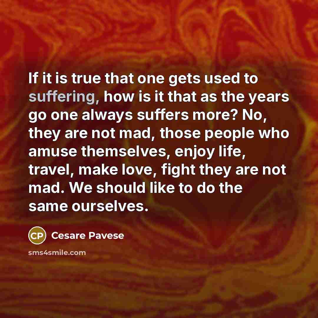 “If it is true that one gets used to suffering, how is it that as the years go one always suffers more? No, they are not mad, those people who amuse themselves, enjoy life, travel, make love, fight they are not mad. We should like to do the same ourselves.” quote by Cesare Pavese