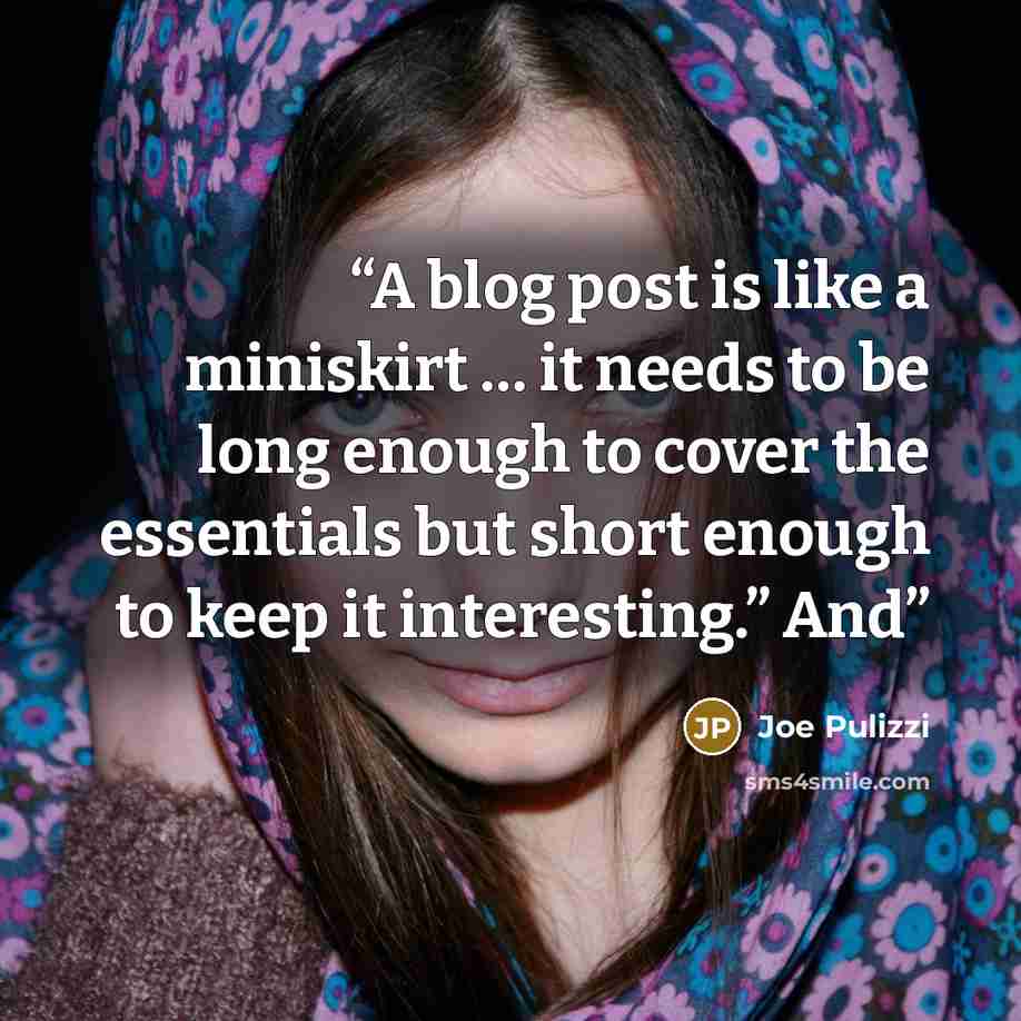 “A blog post is like a miniskirt … it needs to be long enough to cover the essentials but short enough to keep it interesting.” And” quote by Joe Pulizzi