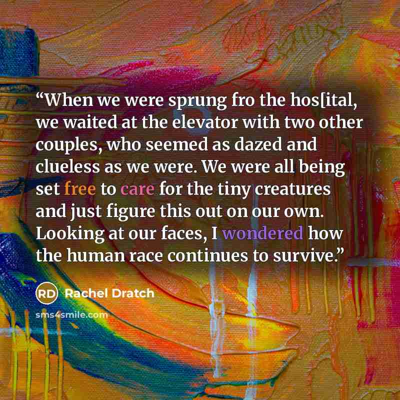 “When we were sprung fro the hos[ital, we waited at the elevator with two other couples, who seemed as dazed and clueless as we were. We were all being set free to care for the tiny creatures and just figure this out on our own. Looking at our faces, I wondered how the human race continues to…” quote by Rachel Dratch