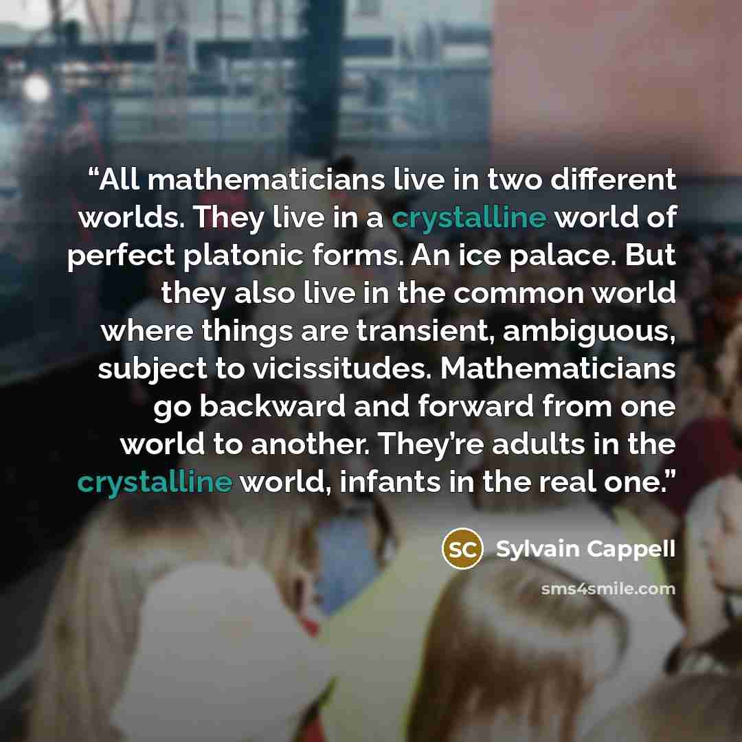 “All mathematicians live in two different worlds. They live in a crystalline world of perfect platonic forms. An ice palace. But they also live in the common world where things are transient, ambiguous, subject to vicissitudes. Mathematicians go backward and forward from one world to another…” quote by Sylvain Cappell